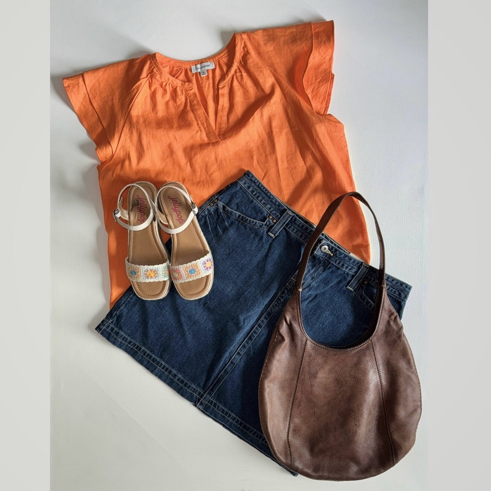 Calligraphie Orange Flutter Sleeve Split Neck Linen Blend Boho Top Size XL - Picture 4 of 4